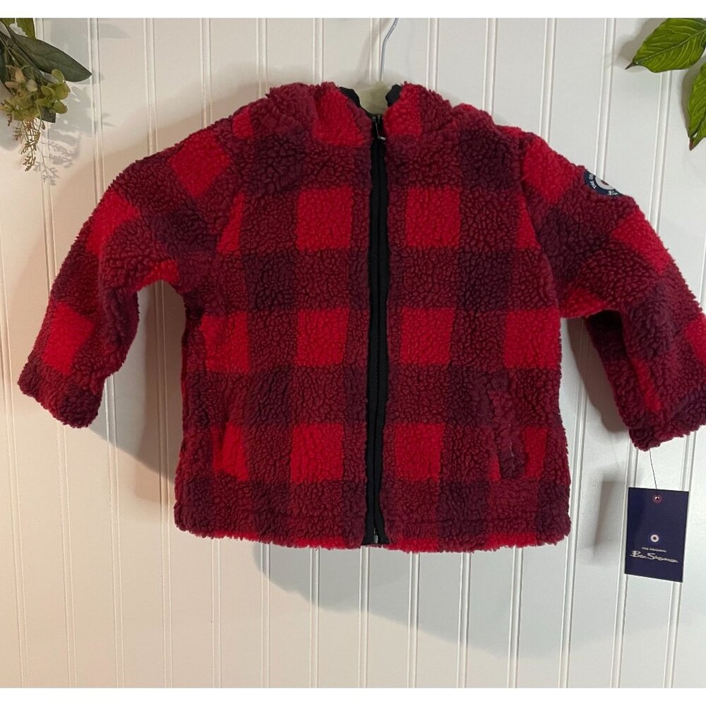 Ben Sherman Red & Black Plaid Sherpa Jacket With Hood Full Zip Boys 24M